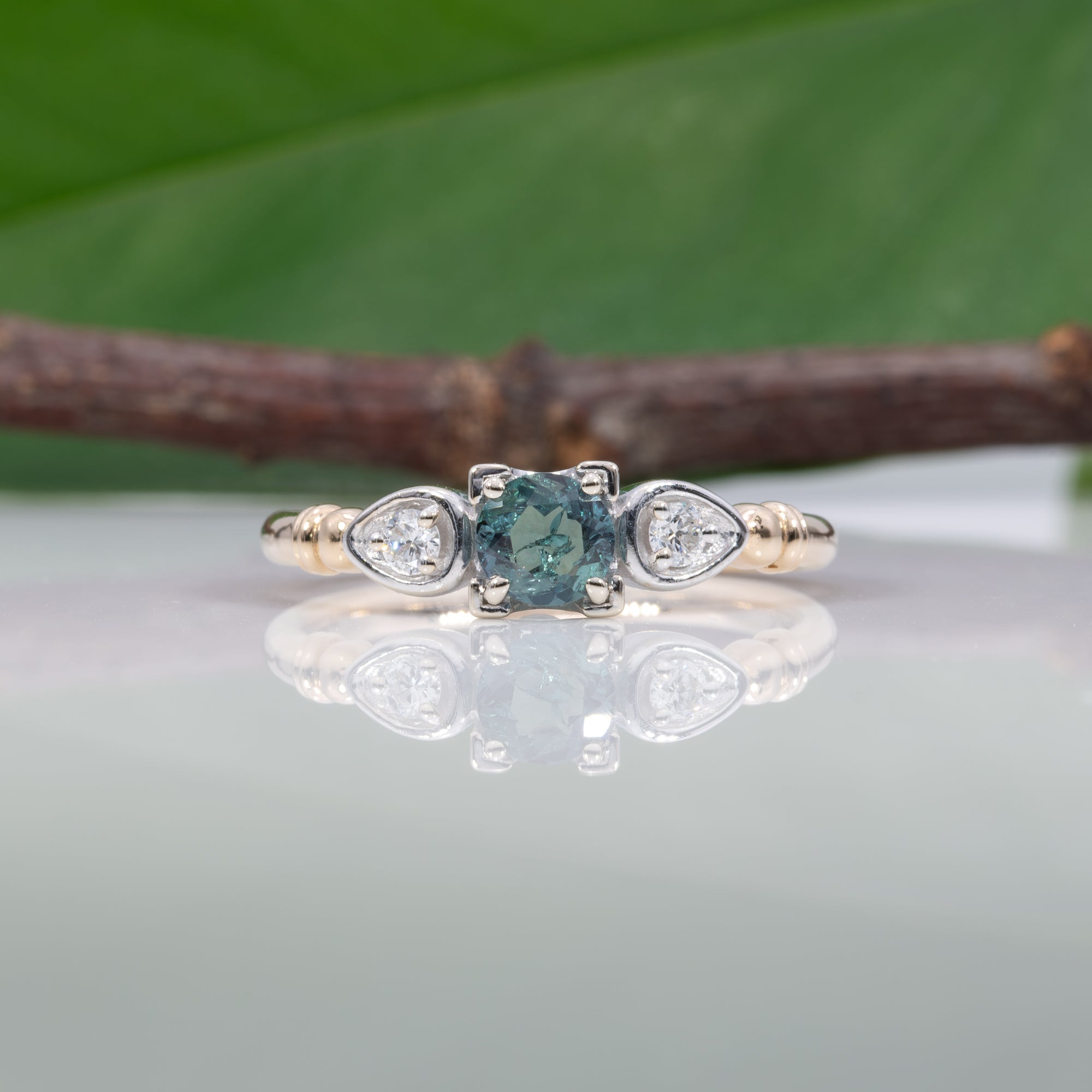 14K white & yellow gold alexandrite ring with diamond accents