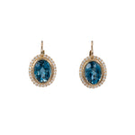 14K yellow gold London blue topaz oval stud earrings with diamond halo