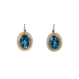 14K yellow gold London blue topaz oval stud earrings with diamond halo