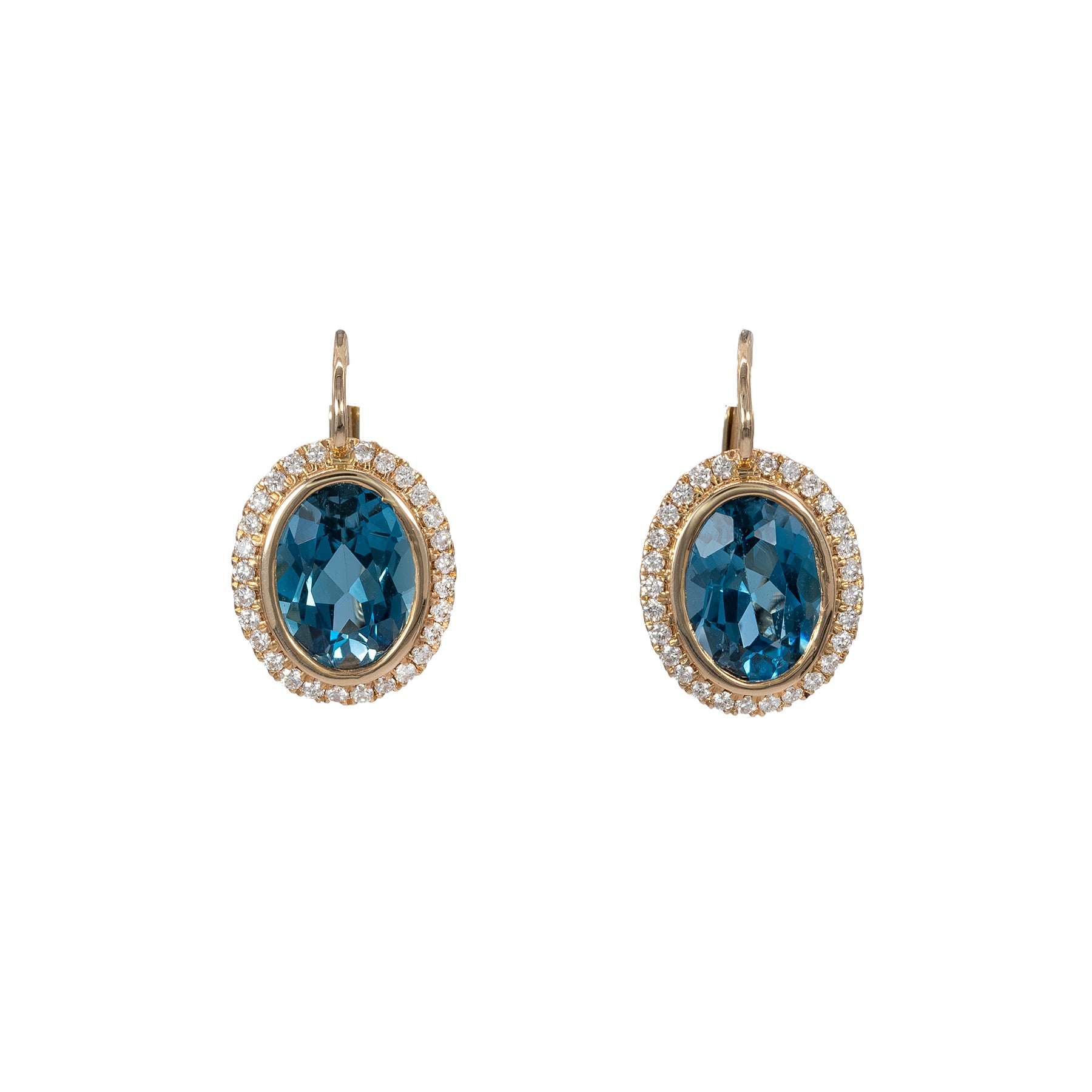 14K yellow gold London blue topaz oval stud earrings with diamond halo