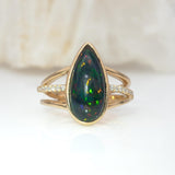 Penelope Solid 14K Gold 3.2cts Black Opal Ring with Natural Diamonds Accents, 16.5x8mm