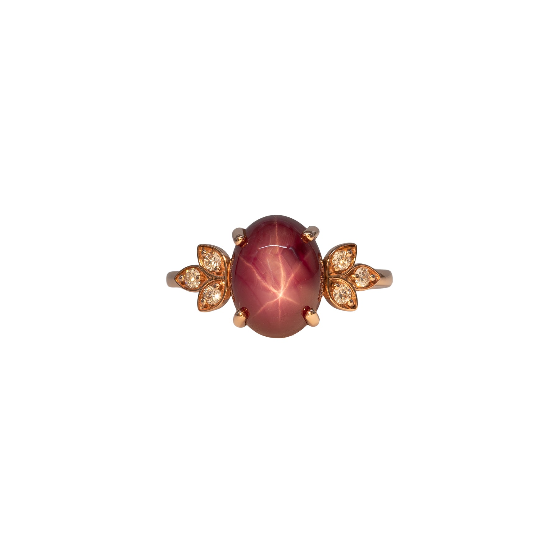 14K rose gold star ruby cabochon ring with diamond accents