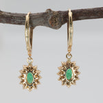 Zambian Emerald Dangle Earrings in 14K Yellow Gold | Diamond Halo | Oval Cut | 6x4mm | May Birthstone