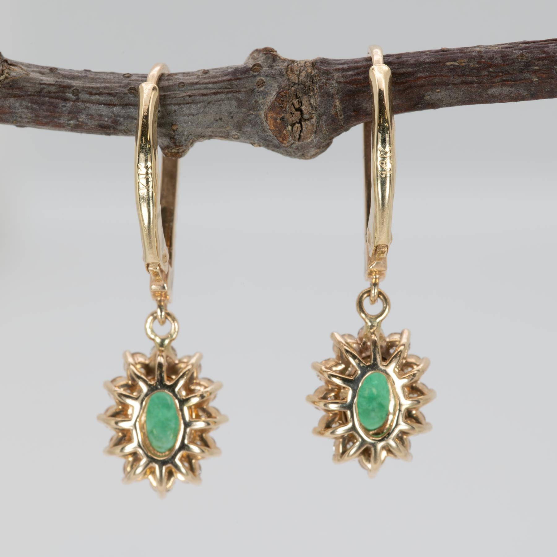 Zambian Emerald Dangle Earrings in 14K Yellow Gold | Diamond Halo | Oval Cut | 6x4mm | May Birthstone