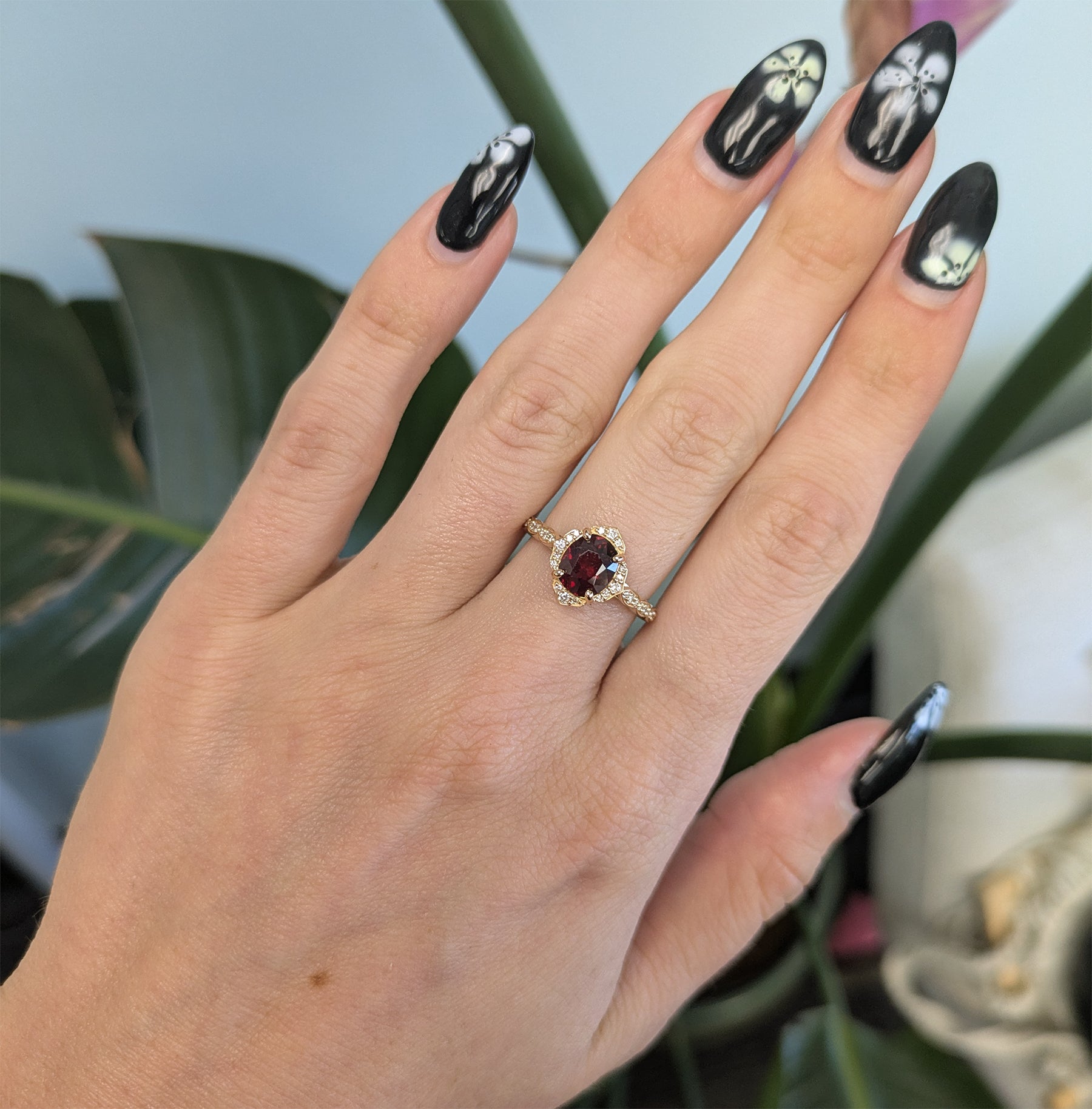 14K yellow gold red spinel ring with diamond accents