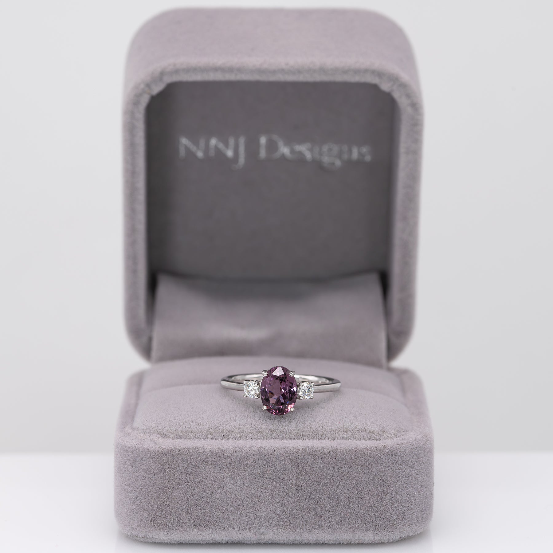 14K white gold purple spinel ring with diamond accents