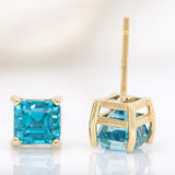 Erin 14K Solid Gold Cambodian Blue Zircon Solitaire Studs | Asscher Cut 6mm
