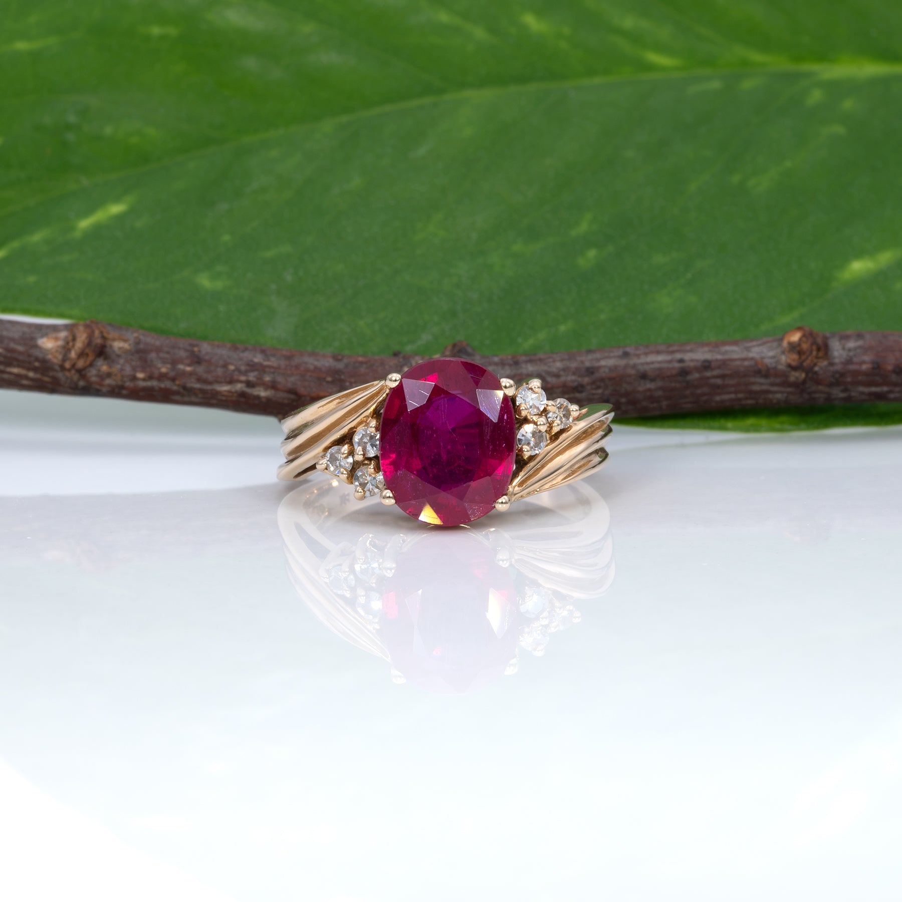 14K yellow gold Madagascar ruby estate ring with diamonds