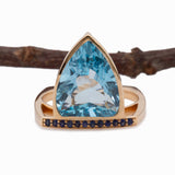Vivien Solid 14k Gold: Swiss Topaz Ring with Sapphire Accents, Trillion 15x12.5mm