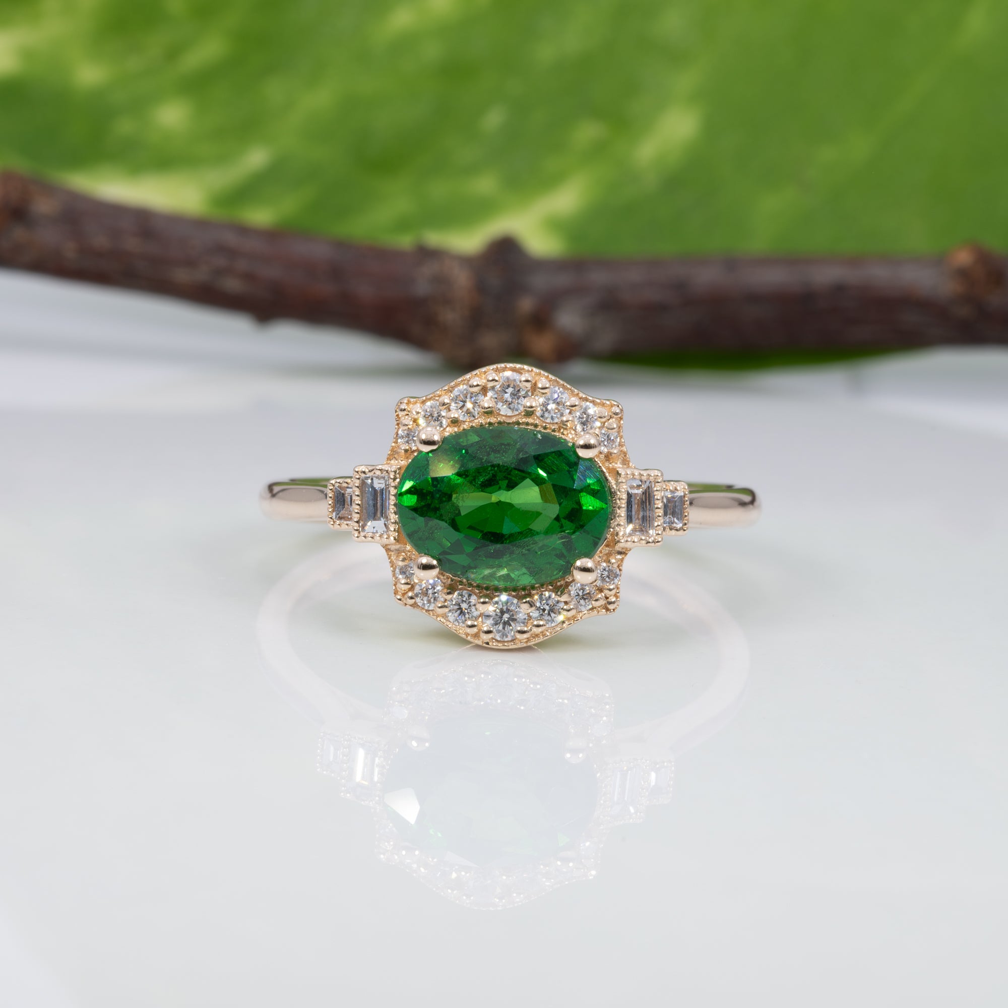 14K yellow gold tsavorite garnet ring with diamond accents