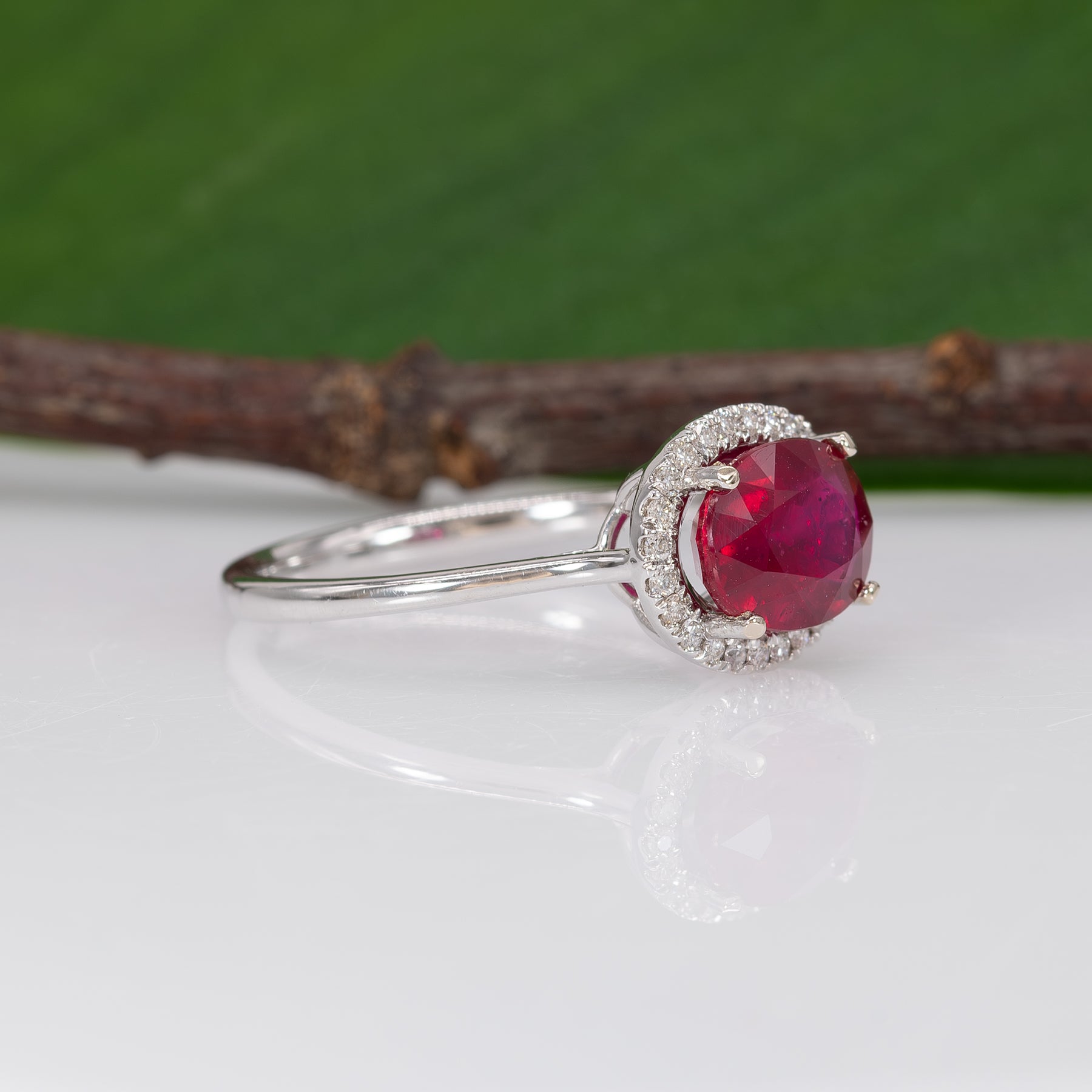 14K white gold Madagascar ruby ring with diamond accents