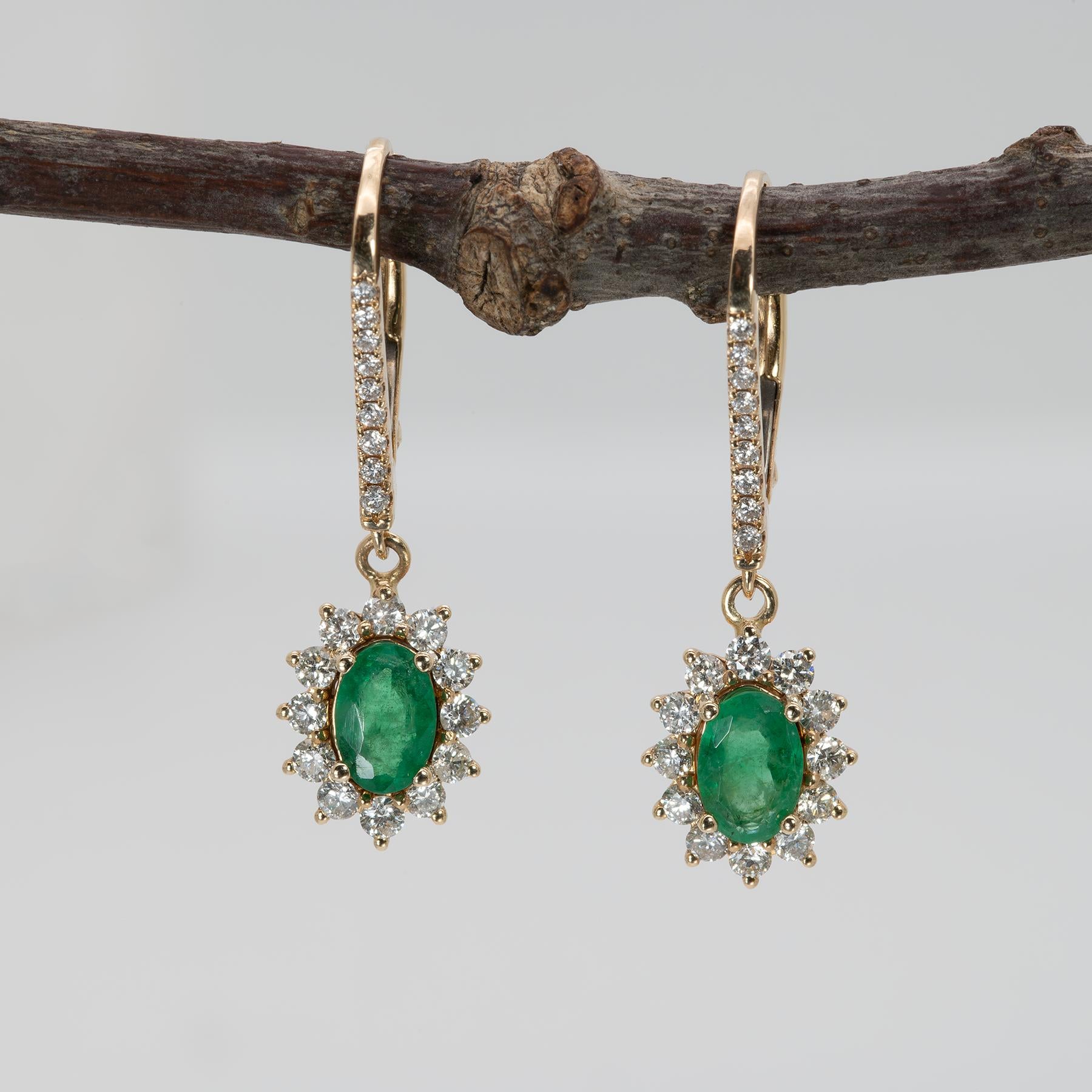 Zambian Emerald Dangle Earrings in 14K Yellow Gold | Diamond Halo | Oval Cut | 6x4mm | May Birthstone