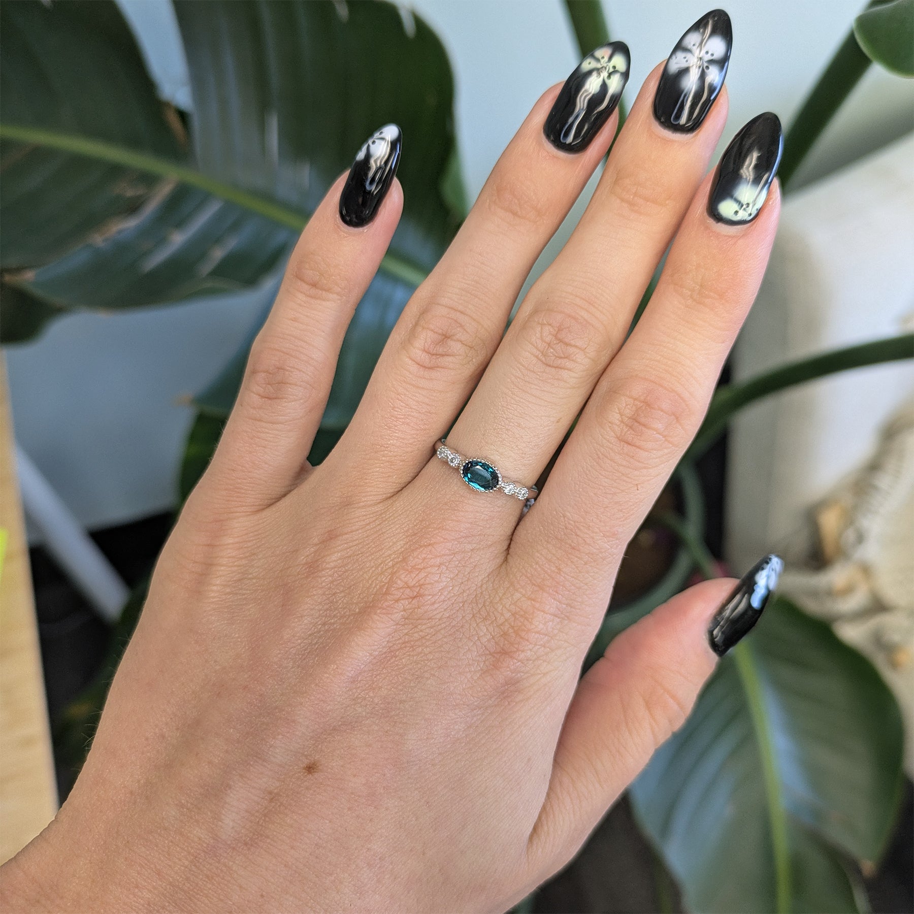14K white gold indicolite tourmaline ring with diamond accents