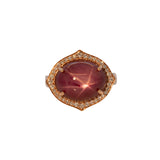 14K rose gold star ruby cabochon ring with diamond halo