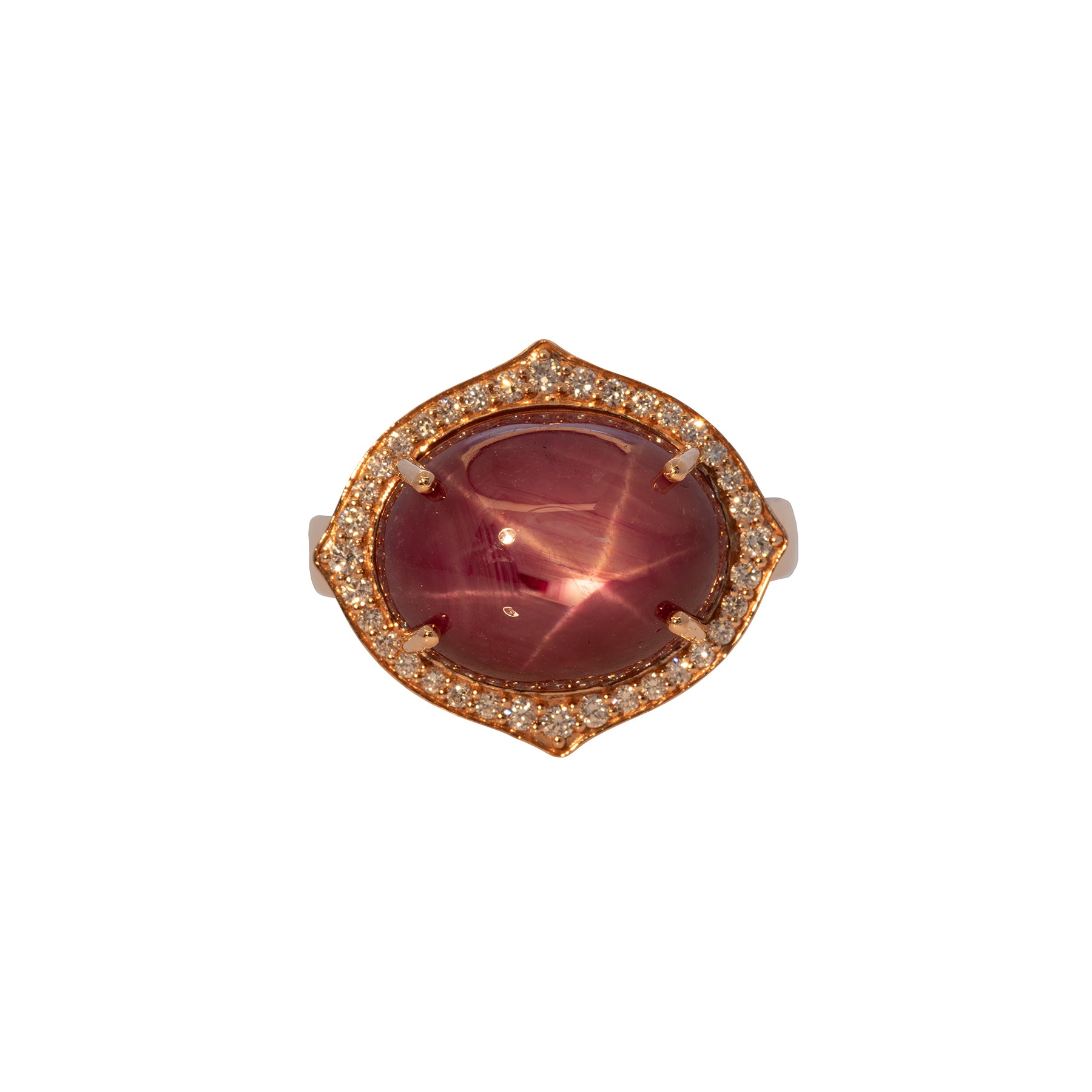 14K rose gold star ruby cabochon ring with diamond halo