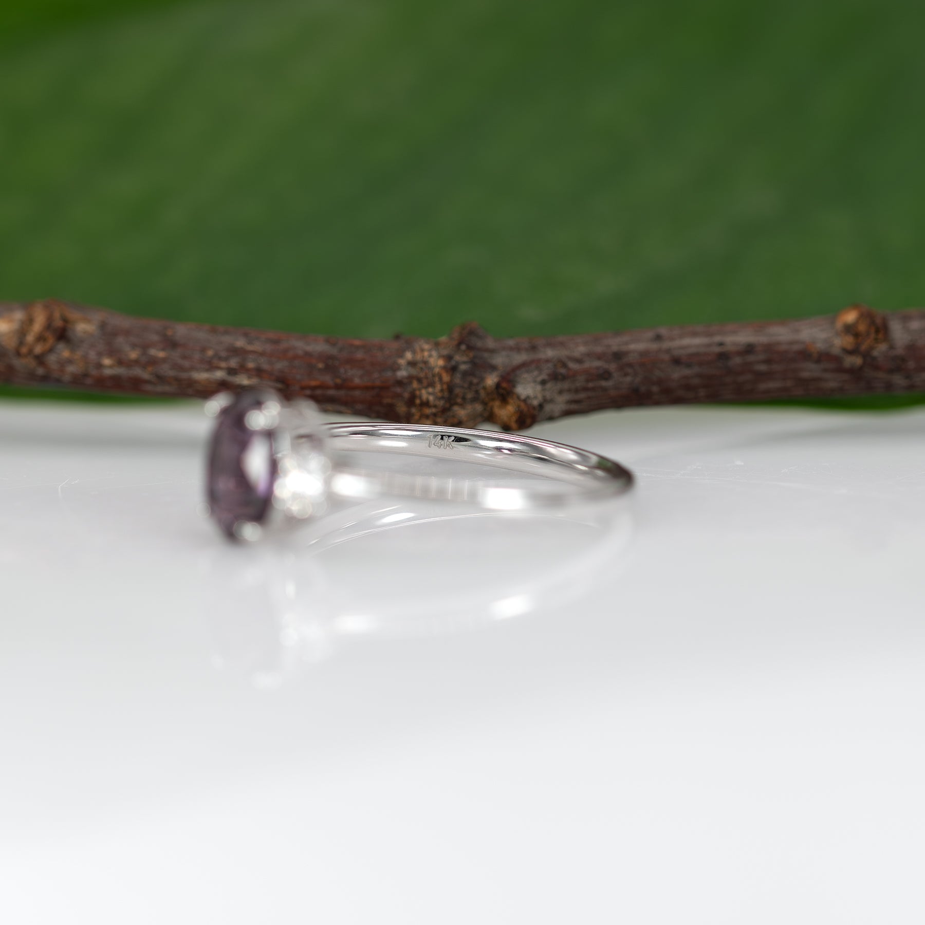 14K white gold purple spinel ring with diamond accents