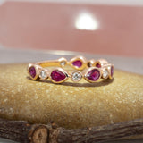 Vexa Solid 14k Gold Ruby Band Ring with Natural Diamonds Accents, Pear 5x3mm