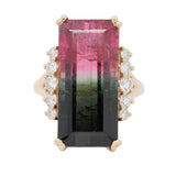 15.1Ct Bi-Color Tourmaline Ring with Earth Mined Diamond Accents: Solid 14K Gold