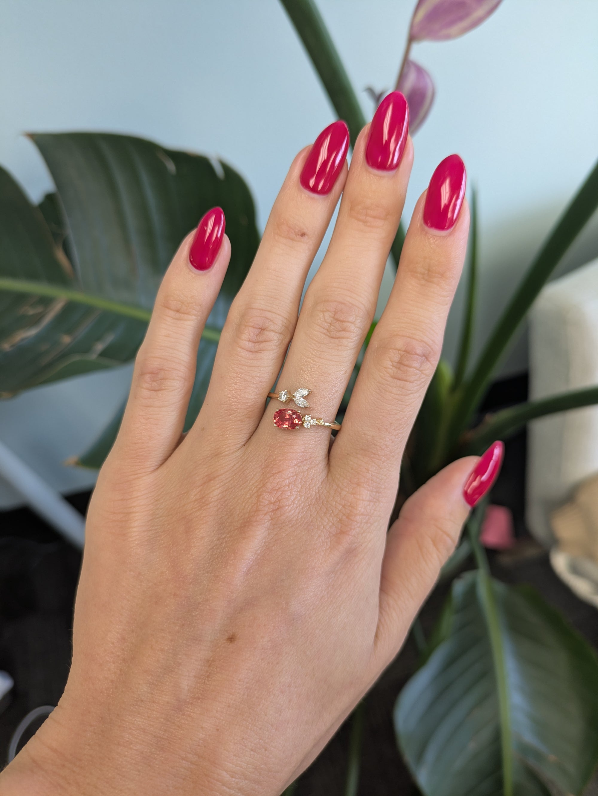 14K yellow gold padparadscha sapphire ring with diamond accents