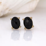 Charlize Oval Black Spinel Solitaire Studs: Solid 14k Yellow Gold – 7×5mm Gemstone