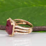 14K yellow gold Madagascar ruby ring with diamond halo