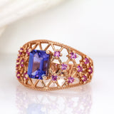 1.4ct Statement Tanzanite Ring w Pink Sapphire Accents in Solid 14K Yellow Gold | EM 8x6mm