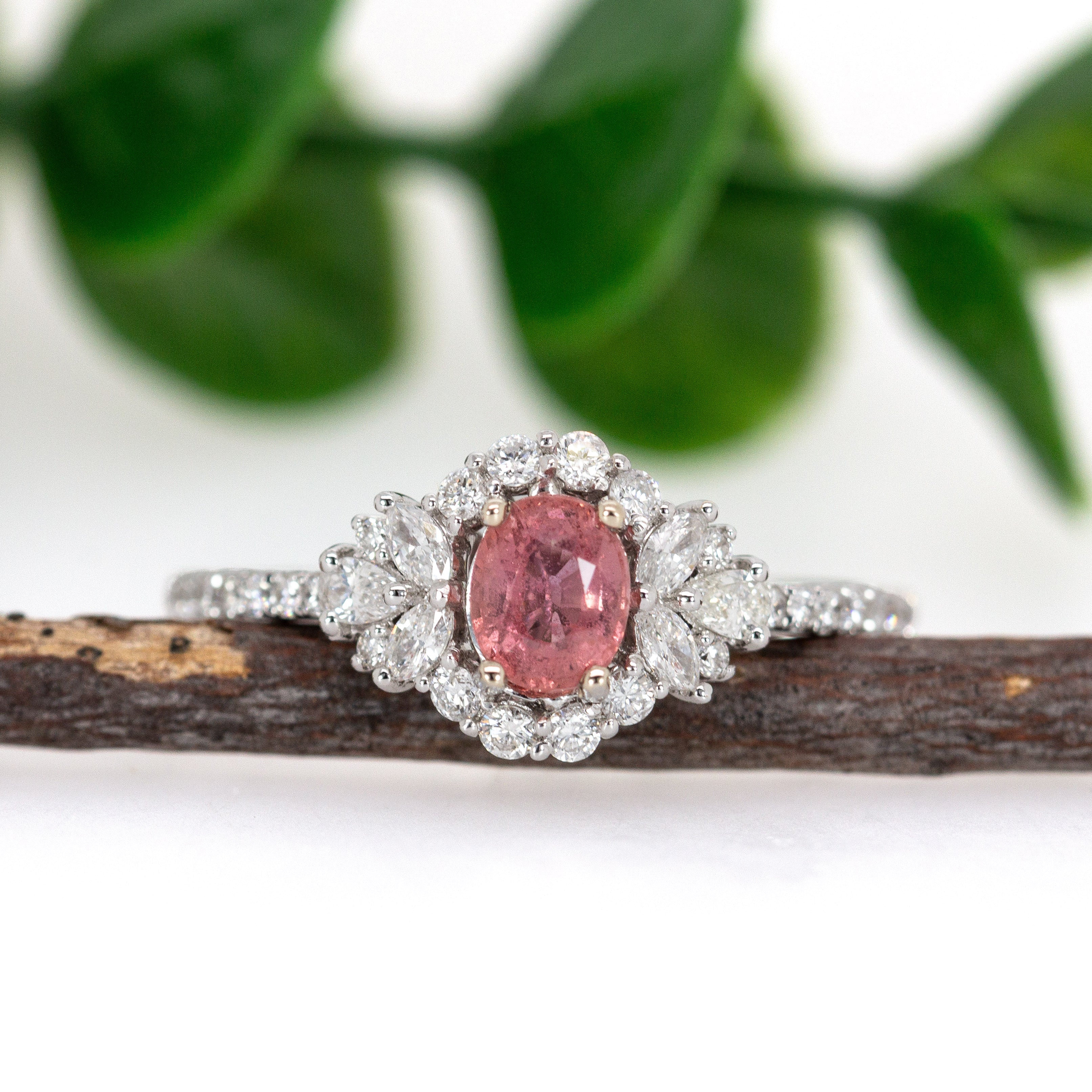 Kriti 0.55cts Padparadscha Sapphire Diamond Ring in 14K White Gold | Oval 5x4mm