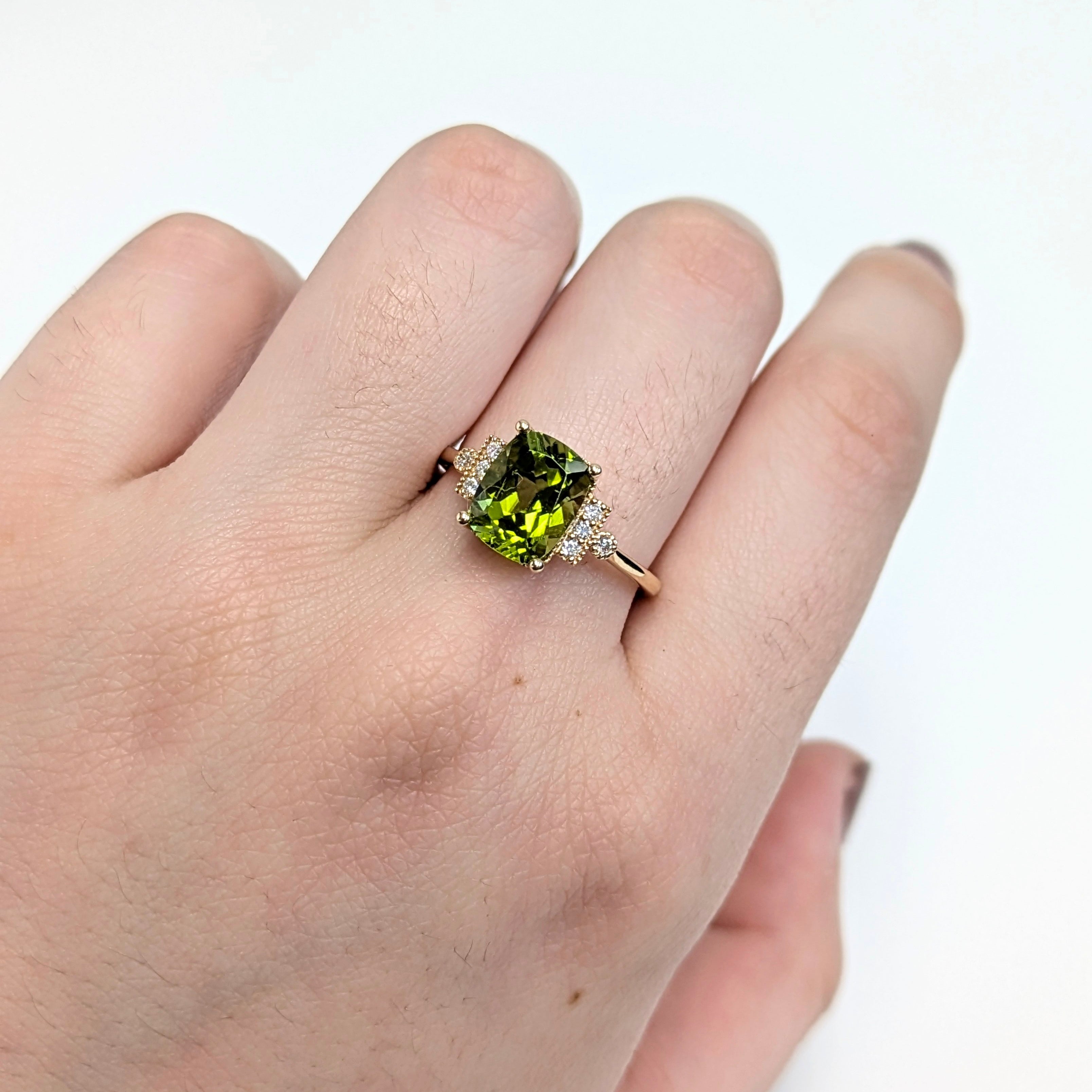 Jessica 14K Yellow Gold 2.64cts Peridot Diamond Ring |  Cushion 9x7mm