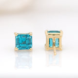 Erin 14K Solid Gold Cambodian Blue Zircon Solitaire Studs | Asscher Cut 6mm