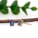 14K Solid Gold Tanzanite Solitaire Studs - 6x4mm Emerald Cut
