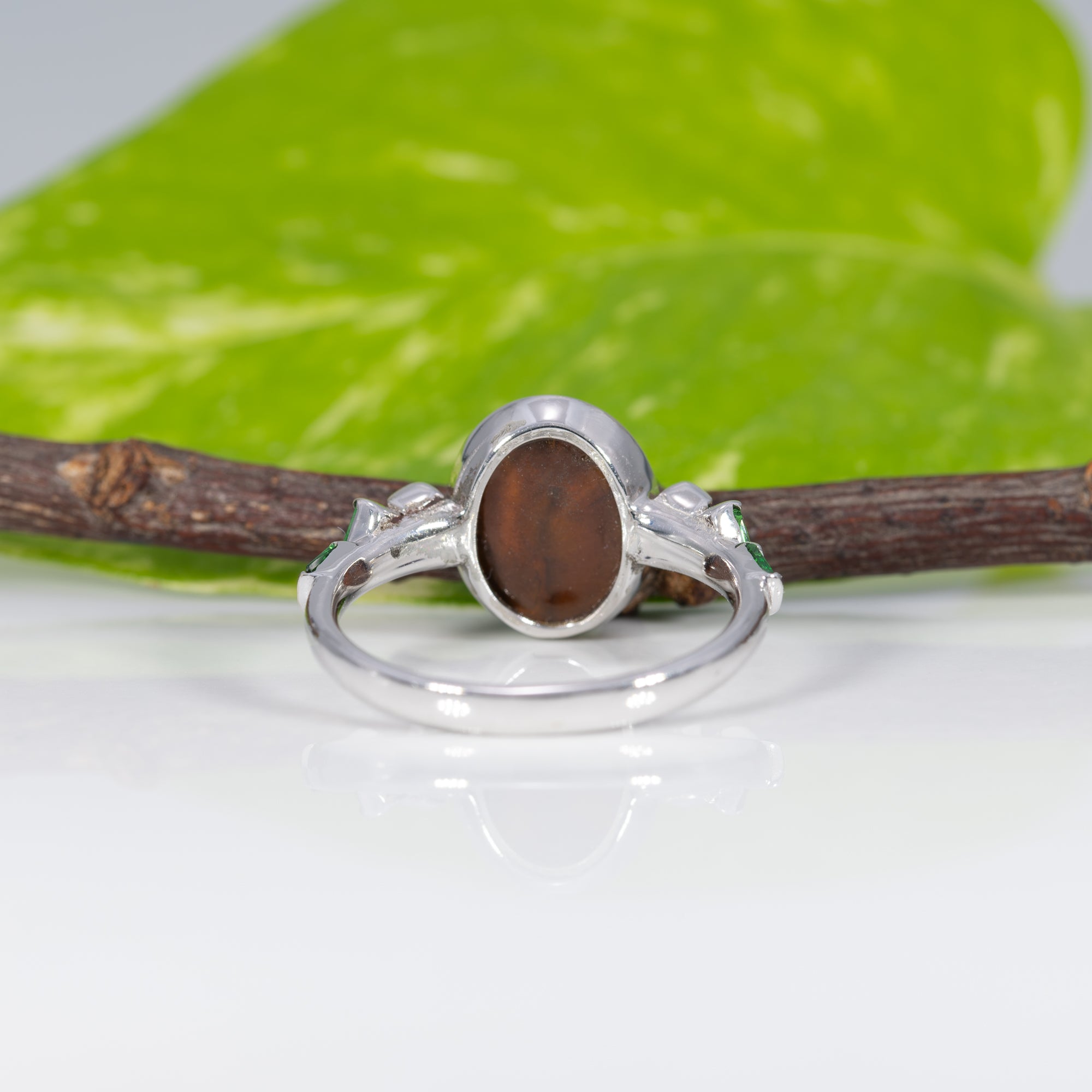 14K white gold boulder opal cabochon ring with tsavorite accents