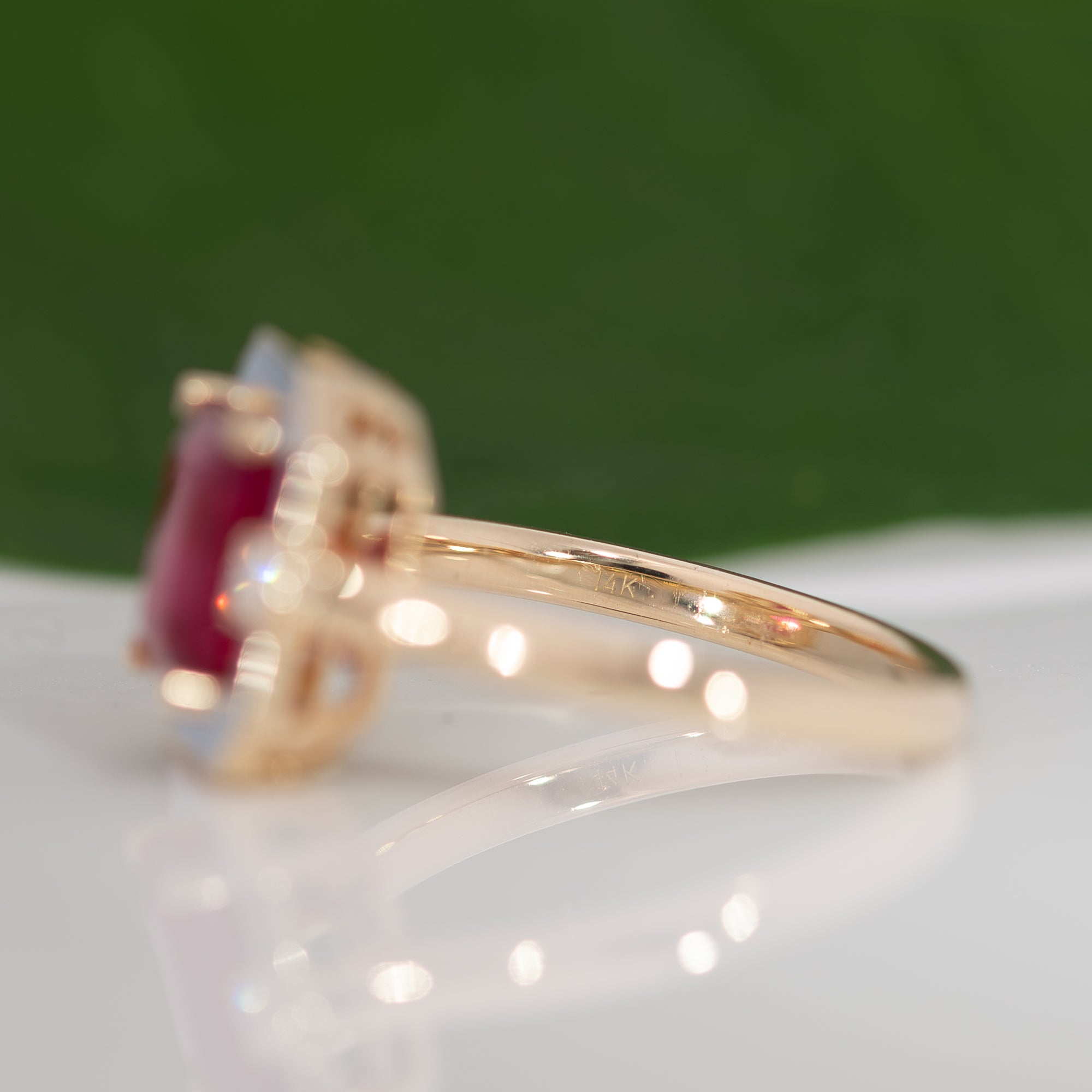 scarlet and gray ruby game day ring in 14K yellow gold