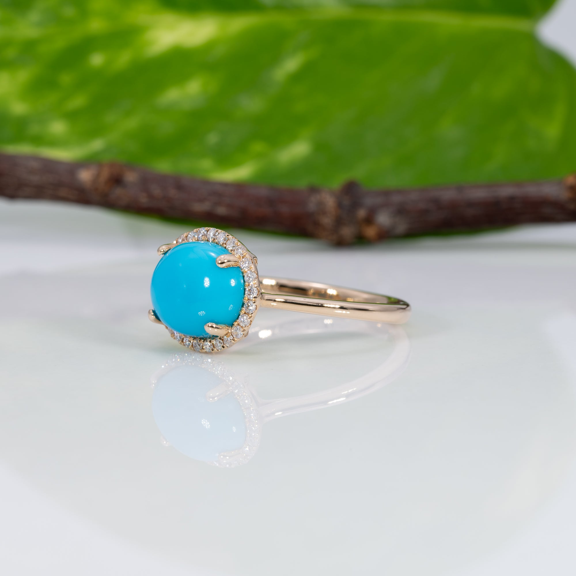 14K yellow gold sleeping beauty turquoise ring with diamond accents