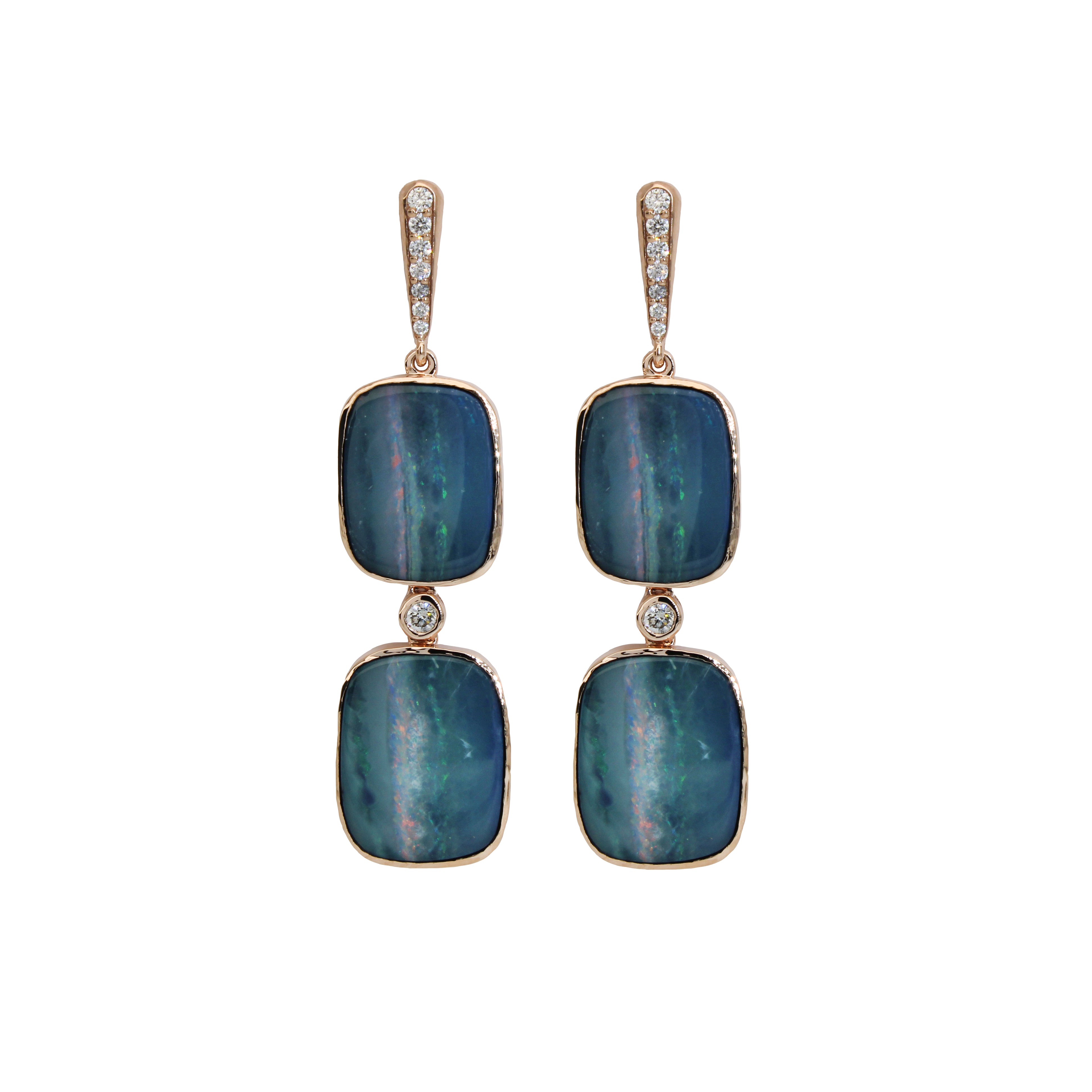 majestic blue 14k rose gold 20.88cts boulder opal diamond dangle earrings | cushion 15.3x12.2mm & 16.5x12.7mm