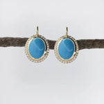 Sleeping Beauty Turquoise Drop Earrings in 14K Yellow Gold | Diamond Halo | Oval Cabochon | 10x8mm | December Birthstone