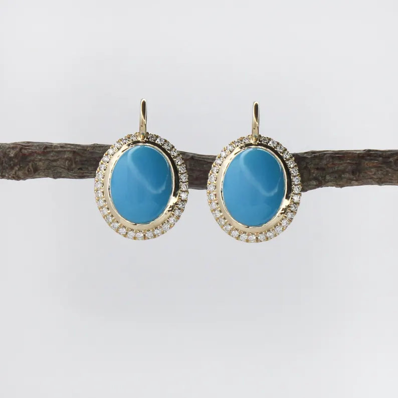 Sleeping Beauty Turquoise Drop Earrings in 14K Yellow Gold | Diamond Halo | Oval Cabochon | 10x8mm | December Birthstone