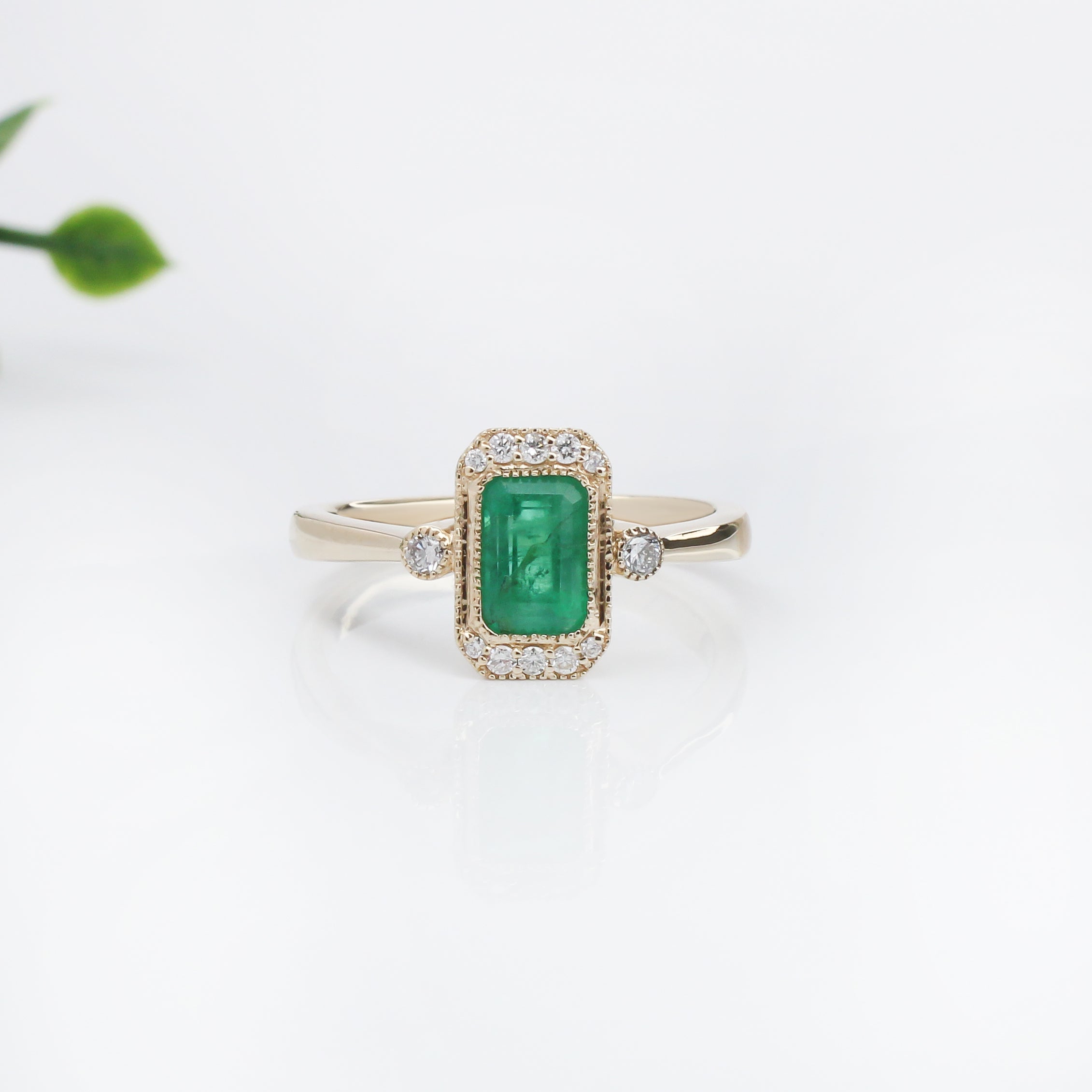 Eden 14K Yellow Gold Emerald and  Diamond Accents Ring | Emerald Cut 7x5mm