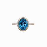 3.2ct London Blue Topaz Ring w Diamond Halo in Solid 14K Gold | OV 10x8mm