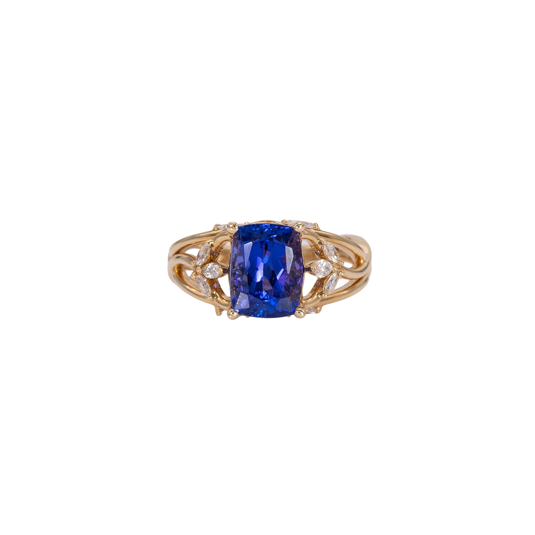14K yellow gold cushion tanzanite ring with diamond accents