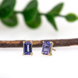 14K Solid Gold Tanzanite Solitaire Studs - 6x4mm Emerald Cut