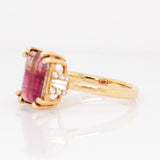 Lumi 14k Solid Gold Bi-color Tourmaline Ring with Natural Diamond Accents | Emerald cut 10.5x8mm