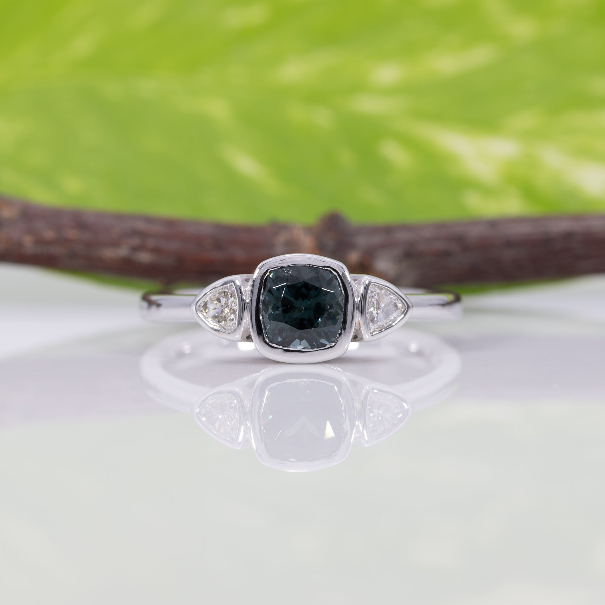 14K white gold blue spinel ring with diamond accents