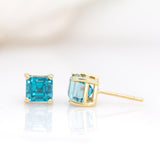 Erin 14K Solid Gold Cambodian Blue Zircon Solitaire Studs | Asscher Cut 6mm