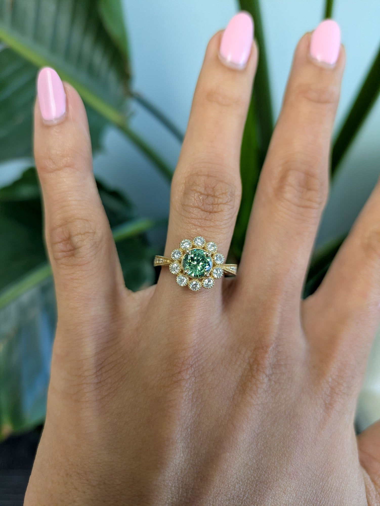 14K yellow gold demantoid garnet ring
