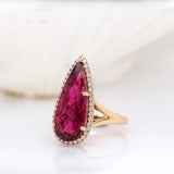 12.9Ct Rubellite Tourmaline Ring with Earth-Mined Diamond Halo in Solid 14K Gold - Luxury Statement Fine Jewelry Ring for Women