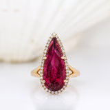 12.9Ct Rubellite Tourmaline Ring with Earth-Mined Diamond Halo in Solid 14K Gold - Luxury Statement Fine Jewelry Ring for Women