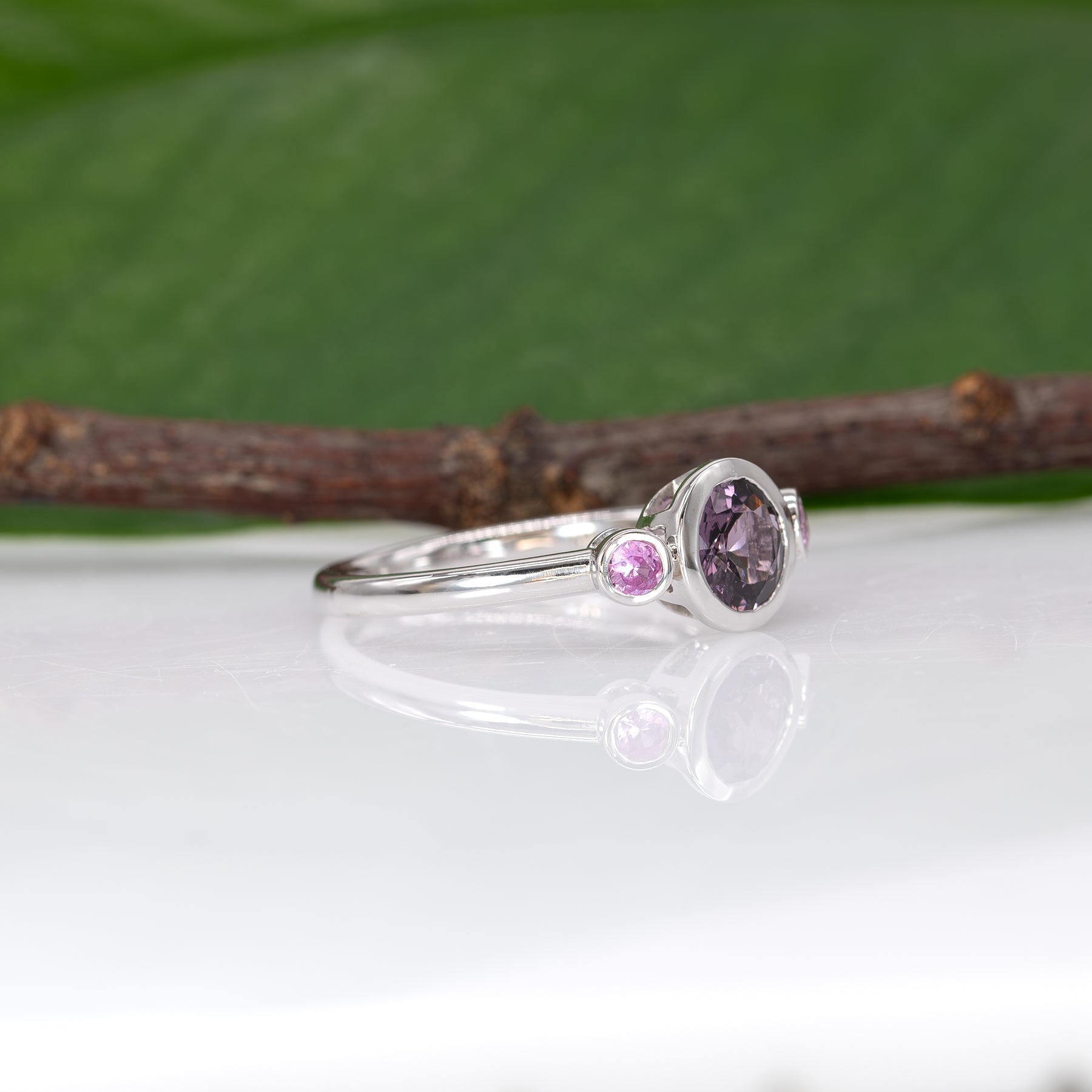 14K white gold purple spinel ring with purple sapphire accents