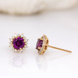 Ashtine 14K Yellow Gold Rhodolite Garnet and Diamond Halo Stud Earrings | Round 5mm