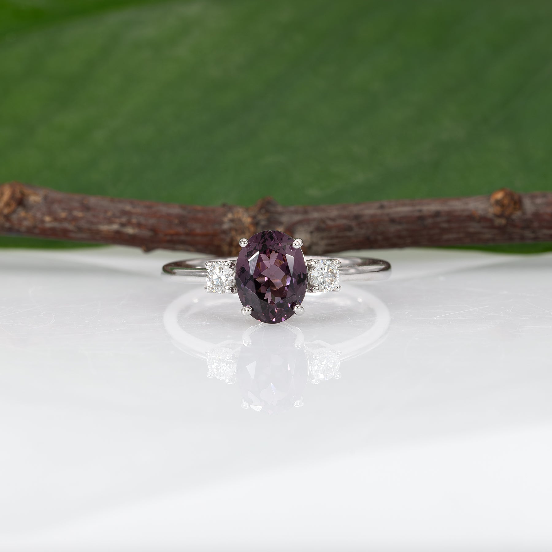 14K white gold purple spinel ring with diamond accents