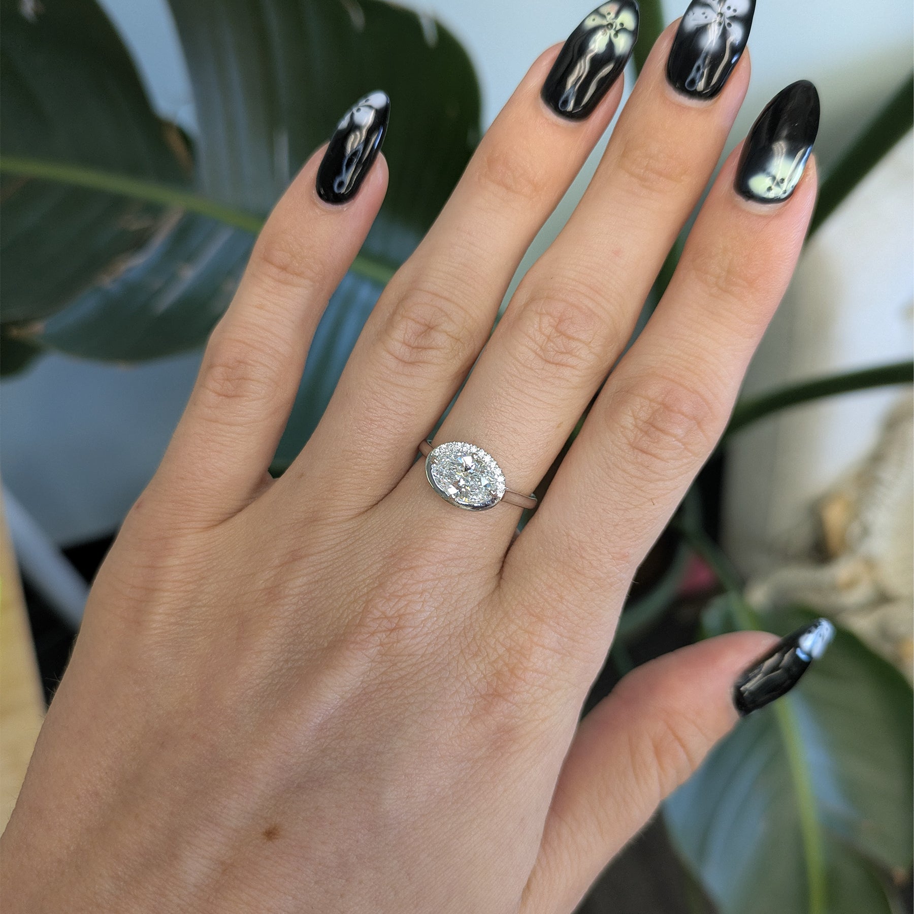 14K white gold oval lab grown diamond ring with diamond accents